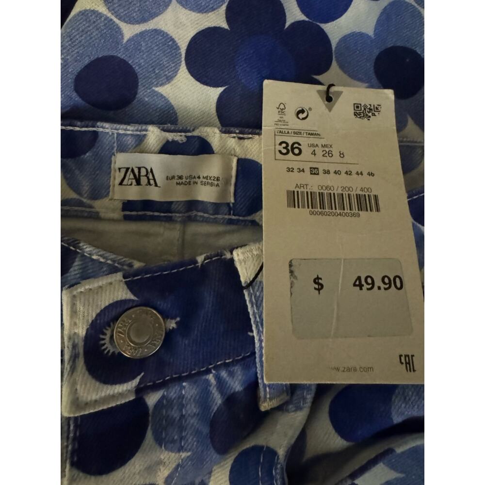 Zara Blue Floral Print Wide Leg Jeans Y2K Retro Cotton Denim 4 - Picture 8 of 8